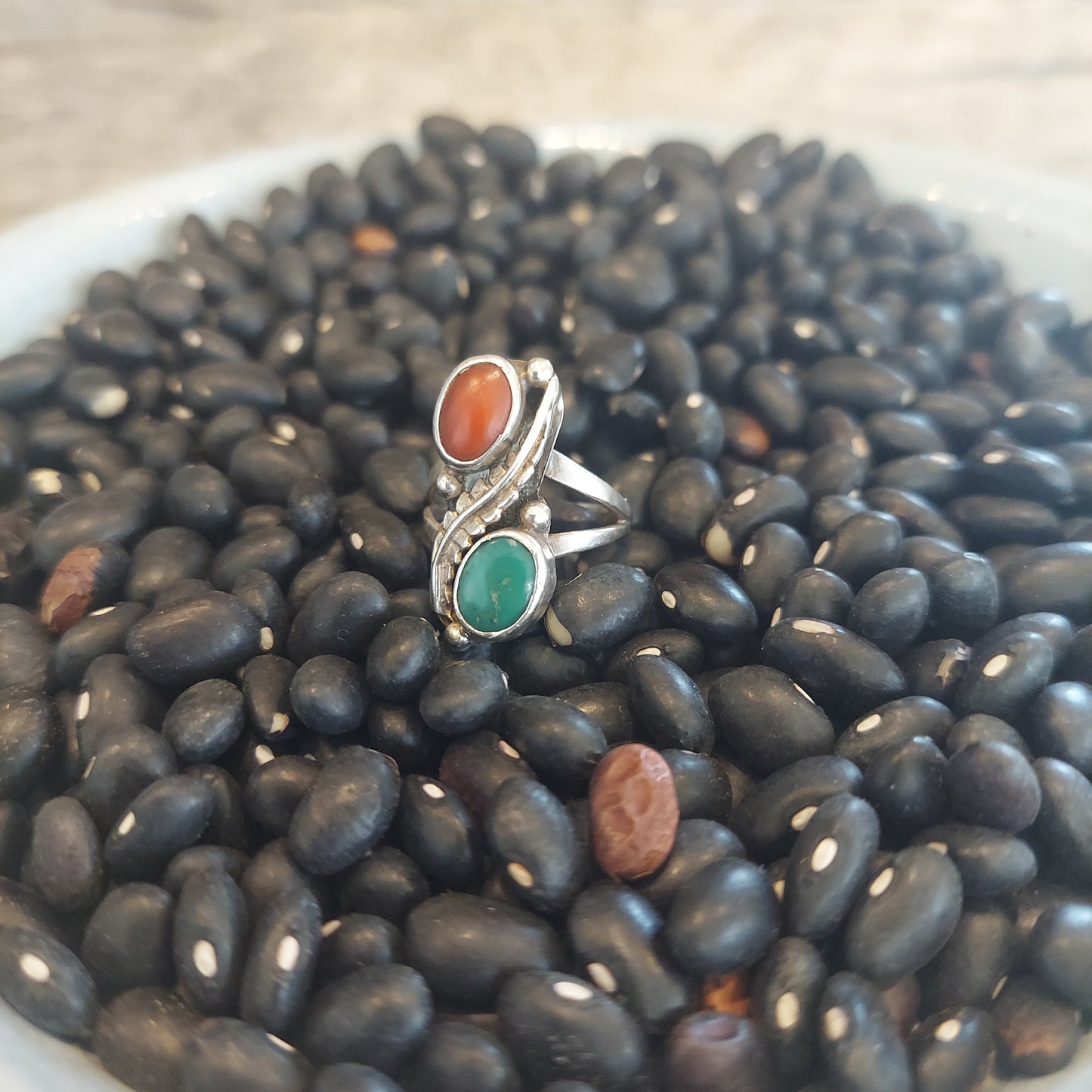 Vintage Coral and Malachite Ring